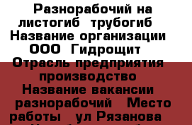 Разнорабочий на листогиб, трубогиб. › Название организации ­ ООО “Гидрощит“ › Отрасль предприятия ­ производство › Название вакансии ­ разнорабочий › Место работы ­ ул Рязанова 2 - Челябинская обл., Златоуст г. Работа » Вакансии   . Челябинская обл.,Златоуст г.